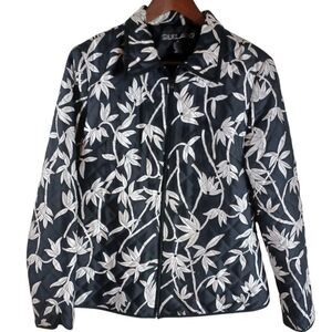 Silk Women Full Zip Sz Medium Black White Floral Quilted Silkland Blazer Jacket
